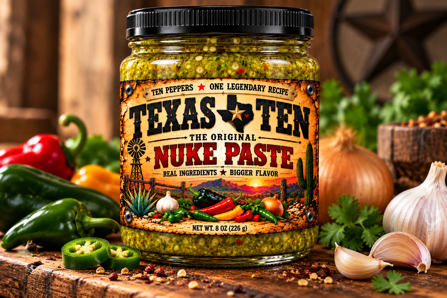 Texas Ten The Original Nuke Paste jar with green pepper paste and black lid