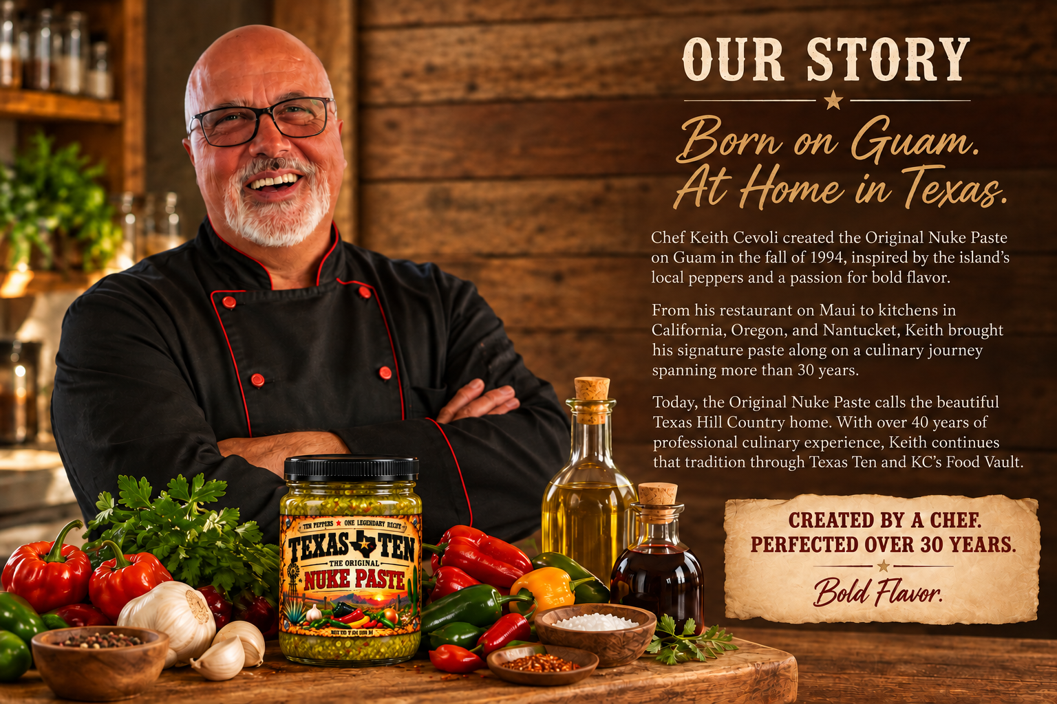 Chef Keith Cevoli with Texas Ten The Original Nuke Paste; born on Guam in 1994 and now at home in the Texas Hill Country